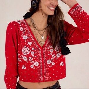 Free People Beaded Cardigan NWT Red Wool White Beads Boxy Cropped Silk Lined L